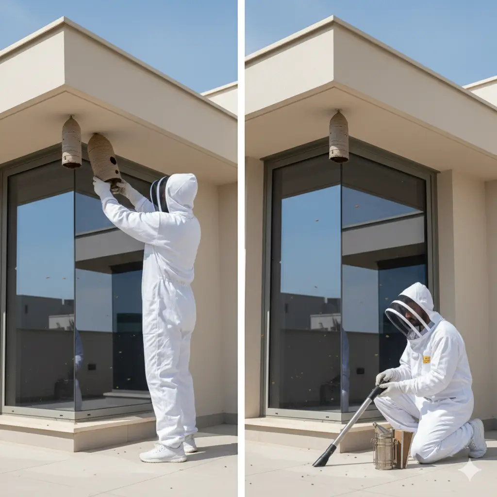 العامل شركة مكافحة النحل بجدة أثناء القضاء على أعشاش النحل